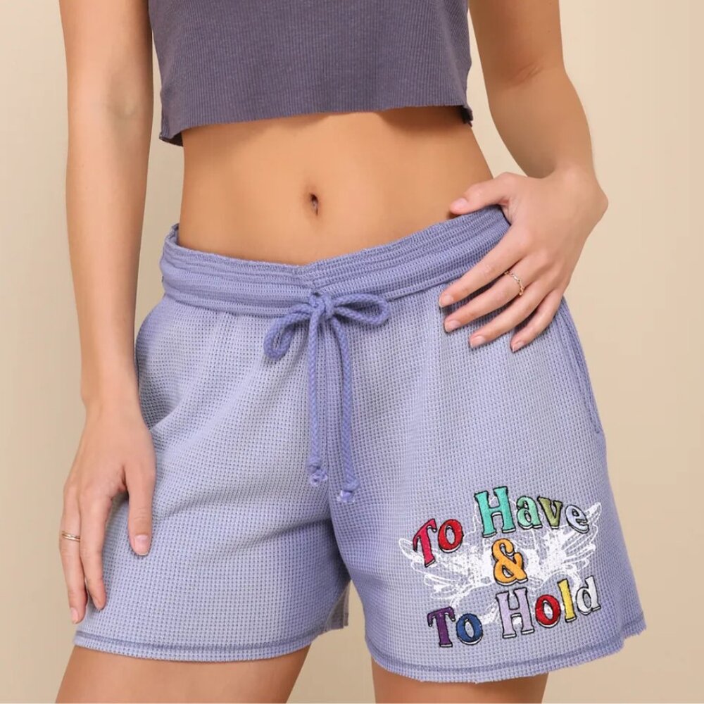 Boys Lie Vows Francis Blue Waffle Knit Embroidered Shorts Size Large